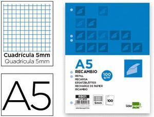RECAMBIO LIDERPAPEL DIN A5 100 H 100G/M2 CUADRO 5MM CON MARGEN 6 TALADROS