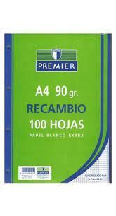 RECAMBIO A4 100H 4 TALADROS 90G CUAD.4X4 C/M PREMIER